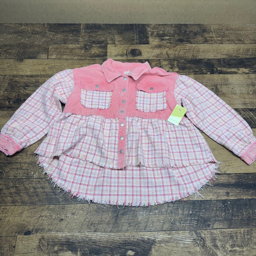 Amy Adie & Co.‎ Plaid Corduroy Shacket Frayed Hem Long Sleeve Pink Medium READ